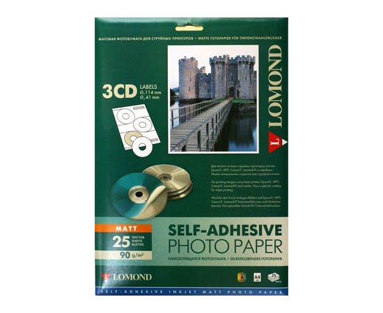 Lomond Self Adhesive Inkjet Photo Paper Matte A4, 25 sheets x3CD 114/41mm Papīrs printeriem