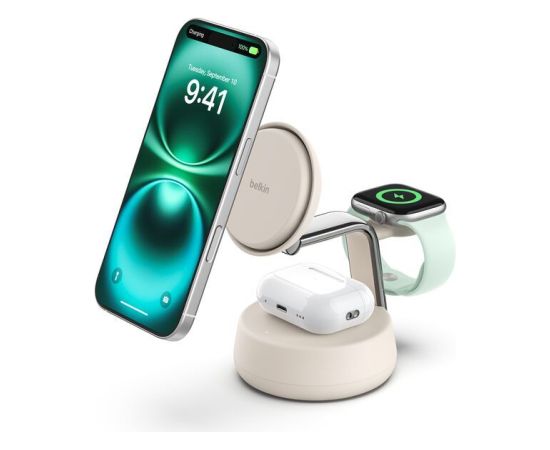 Belkin   UltraCharge Pro 25w Qi2 3in1 Magnetic Charger Sand Bezvadu telefonu lādētāji