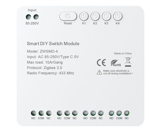 ZigBee 4-channel switch module with voltage-free DC 32V contact Avatto ZWSMMD-4-250V Viedie slēdži