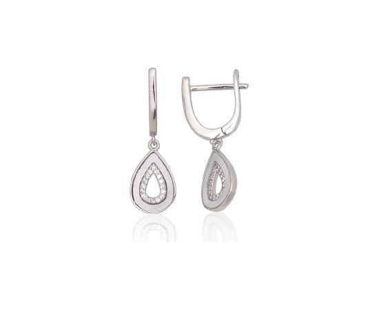 Серебряные серьги на английском замке #2204313(PRh-Gr)_CZ+PL, Серебро 925°, родий (покрытие), Цирконы, Перламутр, 2.6 гр. Ar "angļu" slēdzēju