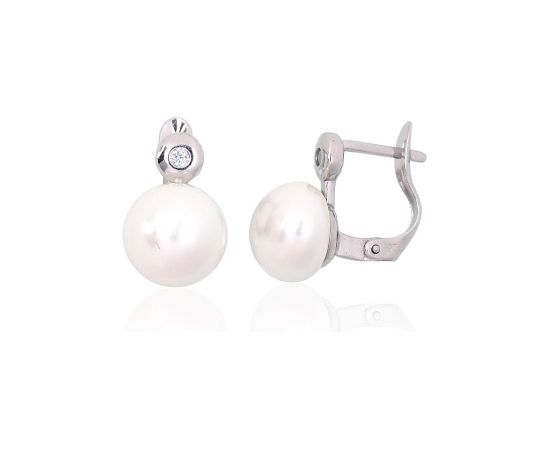 Серебряные серьги на английском замке #2204149(PRh-Gr)_CZ+PE, Серебро 925°, родий (покрытие), Цирконы, Жемчуг, 3.1 гр. Ar "angļu" slēdzēju