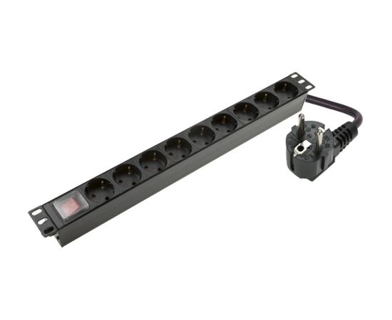 Rozešu bloks uz 9 ligzdām 19" 1U 16A ar slēdzi MELNS Serveri un to komponentes