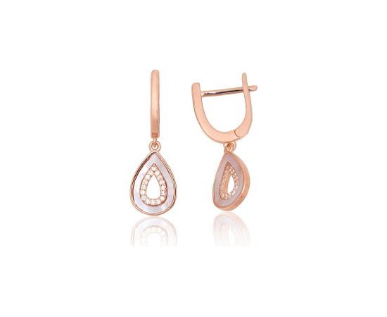 Sudraba auskari ar 'angļu' slēdzēju #2204313(PAu-R)_CZ+PL, Sudrabs 925°, sarkanais zelts (pārklājums), Cirkoni, Perlamutrs, 2.7 gr. Ar "angļu" slēdzēju