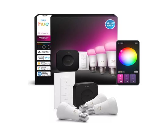 Philips Hue Starter set: 3 smart E27 bulbs, dimmer switch, Hue Bridge Pro E27 White and colored light Viedās lampas un spuldzes