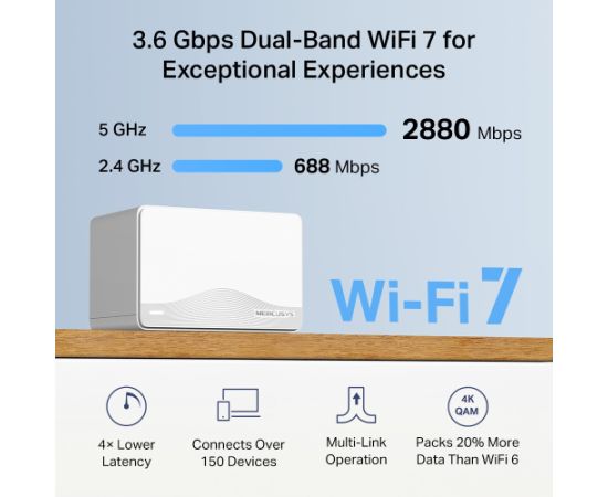 Mercusys BE3600 Whole Home Mesh Wi-Fi 7 System Halo H25BE (2-pack) 802.11ax Ethernet LAN (RJ-45) ports 1 Mesh Support Yes MU-MiMO No No mobile broadband Рутеры
