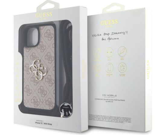 Guess PU 4G Metal Logo Crossbody Strap Case Aizsargapvalks priekš iPhone 15 / rozā Neoriģinālie Maciņi