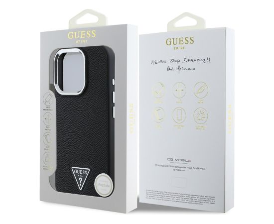 Guess PU Grained Triangle Logo MagSafe Case Aizsargapvalks priekš iPhone 16 Pro Max / melns Neoriģinālie Maciņi