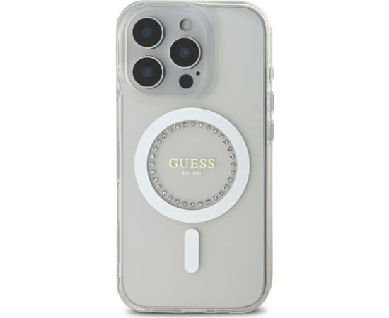 Guess IML Rhinestones Ring MagSafe Case Aizsargapvalks priekš iPhone 16 Pro / balts Neoriģinālie Maciņi