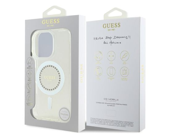 Guess IML Rhinestones Ring MagSafe Case Aizsargapvalks priekš iPhone 16 Pro / balts Neoriģinālie Maciņi