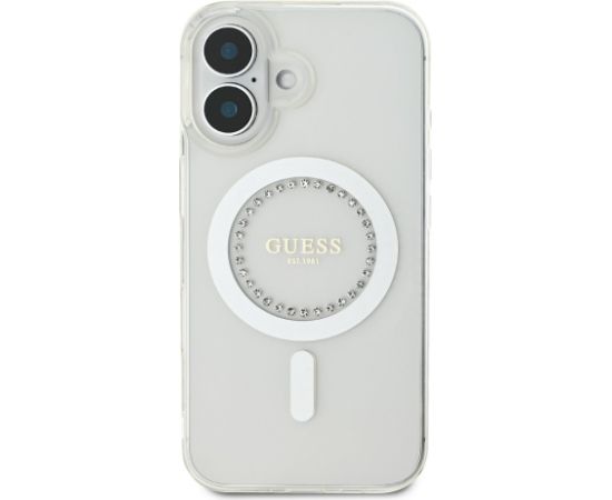 Guess IML Rhinestones Ring MagSafe Case Aizsargapvalks priekš iPhone 16 / balts Neoriģinālie Maciņi