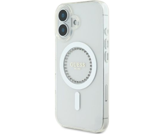 Guess IML Rhinestones Ring MagSafe Case Aizsargapvalks priekš iPhone 16 / balts Neoriģinālie Maciņi