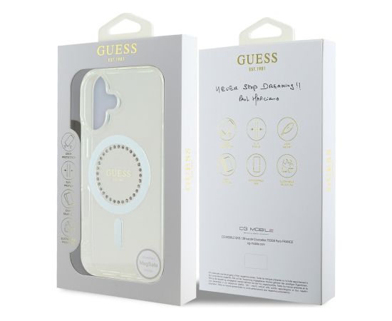 Guess IML Rhinestones Ring MagSafe Case Aizsargapvalks priekš iPhone 16 / balts Neoriģinālie Maciņi