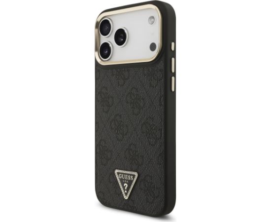 Guess PU Leather 4G Strass Triangle Logo Gold Frame MagSafe Case Aizsargapvalks priekš iPhone 17 Pro Max Neoriģinālie Maciņi