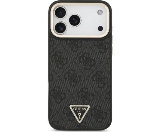 Guess PU Leather 4G Strass Triangle Logo Gold Frame MagSafe Case Aizsargapvalks priekš iPhone 17 Pro Max Neoriģinālie Maciņi