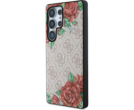 Guess PU Leather 4G Flowers Print Metal Classic Logo MagSafe Case Aizsargapvalks priekš Samsung Galaxy S25 Ultra / rozā Neoriģinālie Maciņi