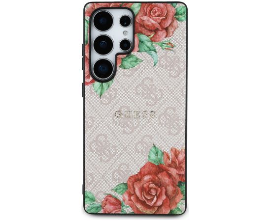 Guess PU Leather 4G Flowers Print Metal Classic Logo MagSafe Case Aizsargapvalks priekš Samsung Galaxy S25 Ultra / rozā Neoriģinālie Maciņi