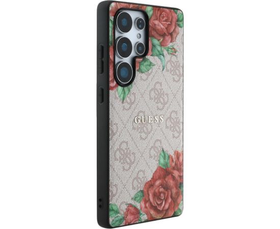 Guess PU Leather 4G Flowers Print Metal Classic Logo MagSafe Case Aizsargapvalks priekš Samsung Galaxy S25 Ultra / rozā Neoriģinālie Maciņi
