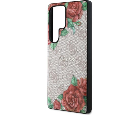 Guess PU Leather 4G Flowers Print Metal Classic Logo MagSafe Case Aizsargapvalks priekš Samsung Galaxy S25 Ultra / rozā Neoriģinālie Maciņi