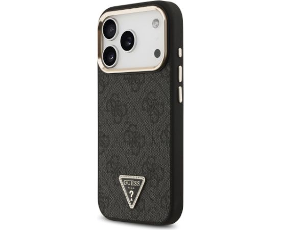 Guess PU Leather 4G Strass Triangle Logo Gold Frame MagSafe Case Aizsargapvalks priekš iPhone 17 Pro / melns Neoriģinālie Maciņi