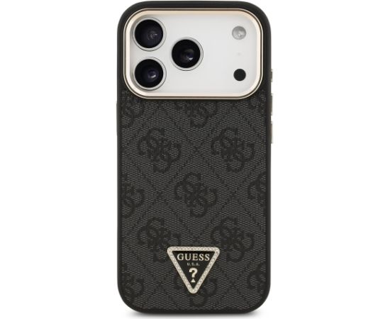 Guess PU Leather 4G Strass Triangle Logo Gold Frame MagSafe Case Aizsargapvalks priekš iPhone 17 Pro / melns Neoriģinālie Maciņi