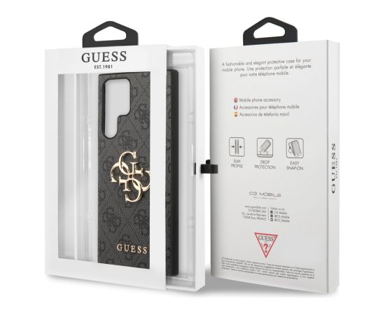 Guess PU 4G Metal Logo Case Aizsargapvalks priekš Samsung Galaxy S23 Ultra / pelēks Neoriģinālie Maciņi