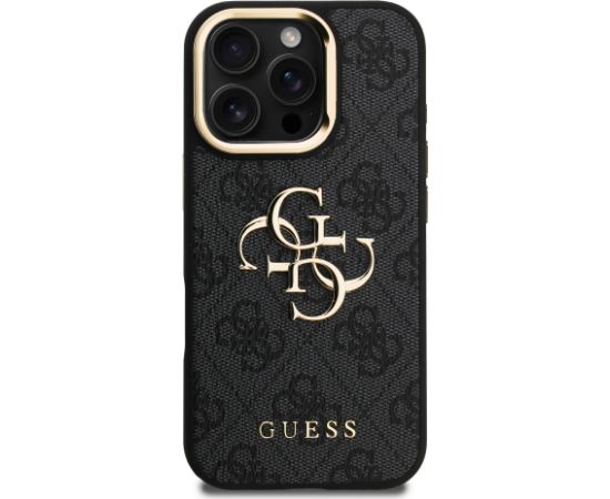 Guess PU 4G Metal Logo Stand Camera Frame Case Aizsargapvalks priekš iPhone 16 Pro / melns Neoriģinālie Maciņi
