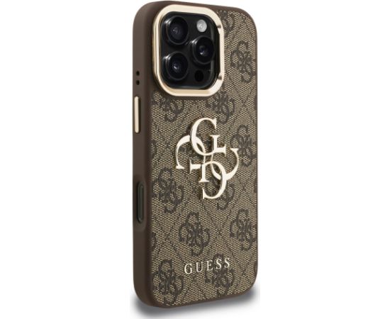 Guess PU 4G Metal Logo Stand Camera Frame Case Aizsargapvalks priekš iPhone 16 Pro Max / brūns Neoriģinālie Maciņi
