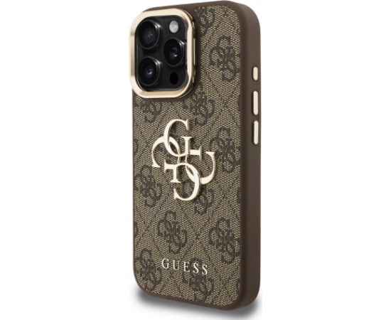 Guess PU 4G Metal Logo Stand Camera Frame Case Aizsargapvalks priekš iPhone 15 Pro Max / brūns Neoriģinālie Maciņi