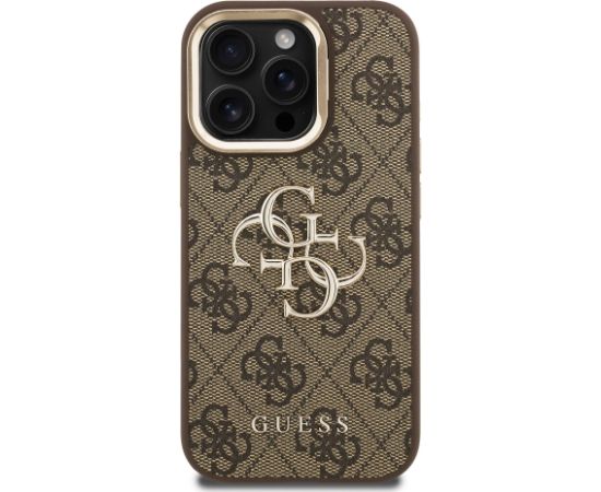 Guess PU 4G Metal Logo Stand Camera Frame Case Aizsargapvalks priekš iPhone 15 Pro Max / brūns Neoriģinālie Maciņi