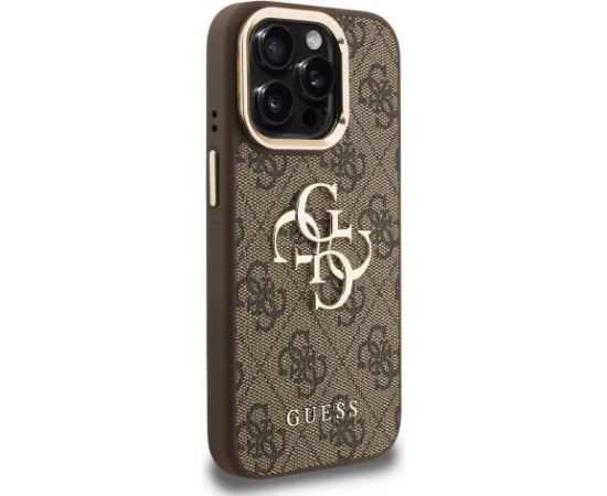 Guess PU 4G Metal Logo Stand Camera Frame Case Aizsargapvalks priekš iPhone 15 Pro Max / brūns Neoriģinālie Maciņi