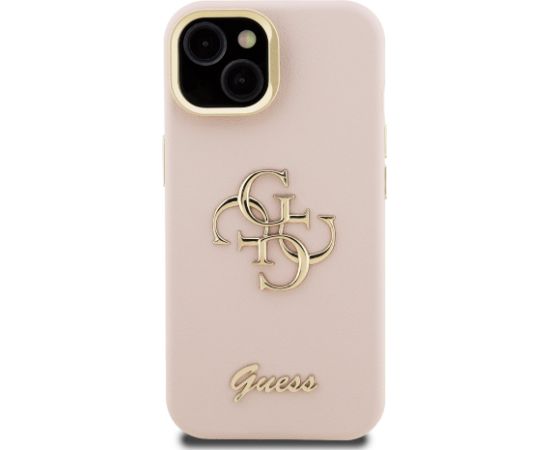 Guess PU Grained 4G Logo Stand Camera Frame Case Aizsargapvalks priekš iPhone 15 / rozā Neoriģinālie Maciņi