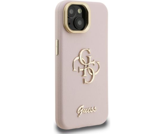 Guess PU Grained 4G Logo Stand Camera Frame Case Aizsargapvalks priekš iPhone 15 / rozā Neoriģinālie Maciņi