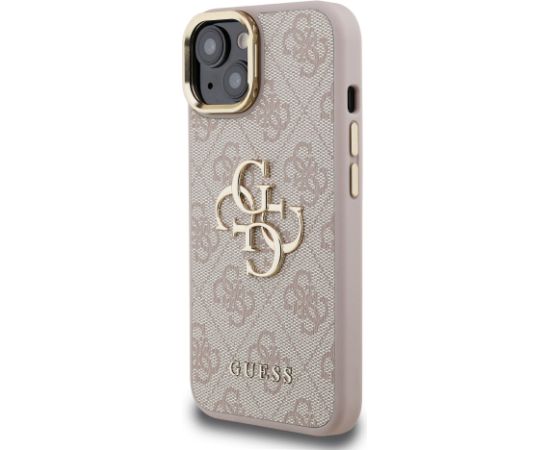 Guess PU 4G Metal Logo Stand Camera Frame Case Aizsargapvalks priekš iPhone 15 / rozā Neoriģinālie Maciņi