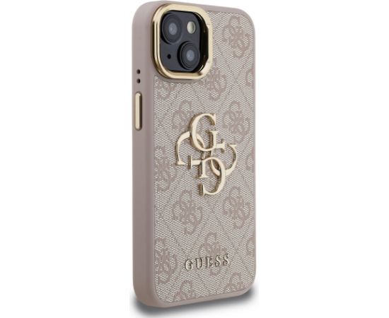 Guess PU 4G Metal Logo Stand Camera Frame Case Aizsargapvalks priekš iPhone 15 / rozā Neoriģinālie Maciņi