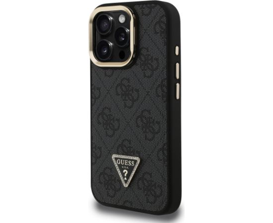 Guess PU 4G Strass Triangle Logo Stand Camera Frame MagSafe Case Aizsargapvalks priekš iPhone 16 Pro / melns Neoriģinālie Maciņi