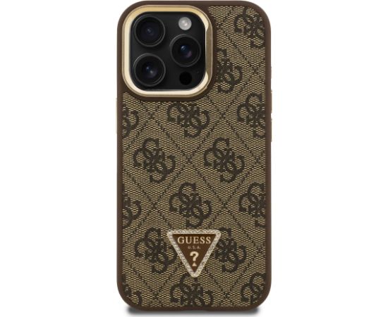 Guess PU 4G Strass Triangle Logo Stand Camera Frame MagSafe Case Aizsargapvalks priekš iPhone 15 Pro Max / brūns Neoriģinālie Maciņi
