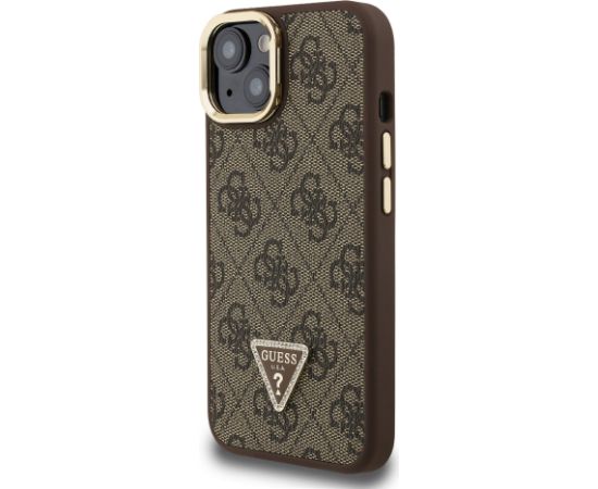 Guess PU 4G Strass Triangle Logo Stand Camera Frame MagSafe Case Aizsargapvalks priekš iPhone 15 / brūns Neoriģinālie Maciņi