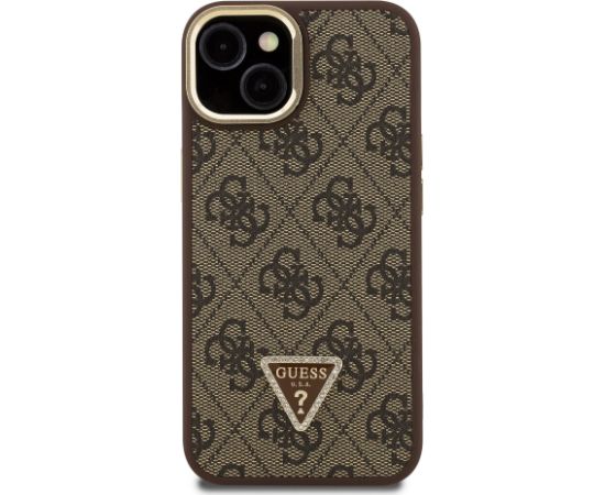 Guess PU 4G Strass Triangle Logo Stand Camera Frame MagSafe Case Aizsargapvalks priekš iPhone 15 / brūns Neoriģinālie Maciņi