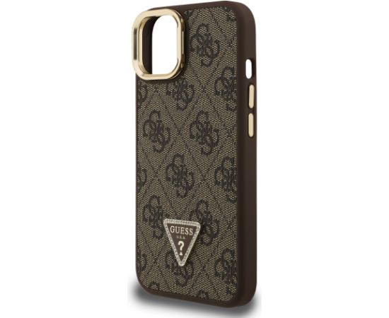 Guess PU 4G Strass Triangle Logo Stand Camera Frame MagSafe Case Aizsargapvalks priekš iPhone 15 / brūns Neoriģinālie Maciņi