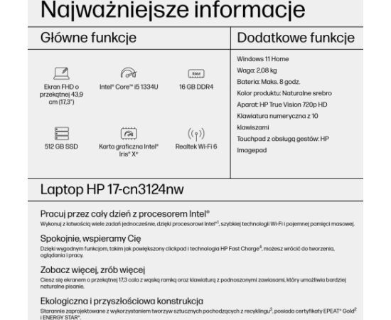 HP 17-CN3003CA Intel® Core™ i5 i5-1334U Laptop 43.9 cm (17.3") Full HD 16 GB DDR4-SDRAM 1 TB SSD Wi-Fi 6 (802.11ax) Windows 11 Home Silver New Repack/Repacked Ноутбуки