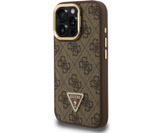Guess PU 4G Strass Triangle Logo Stand Camera Frame MagSafe Case Aizsargapvalks priekš iPhone 16 Pro / brūns Neoriģinālie Maciņi