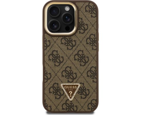 Guess PU 4G Strass Triangle Logo Stand Camera Frame MagSafe Case Aizsargapvalks priekš iPhone 16 Pro / brūns Neoriģinālie Maciņi