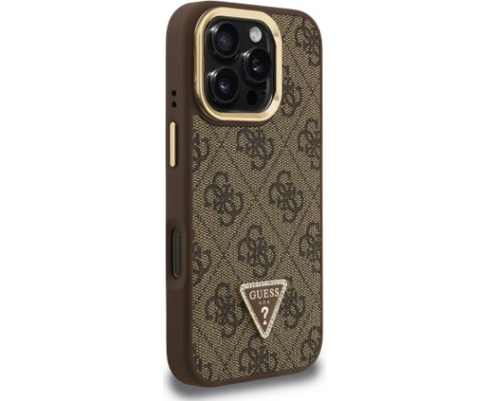 Guess PU 4G Strass Triangle Logo Stand Camera Frame MagSafe Case Aizsargapvalks priekš iPhone 16 Pro / brūns Neoriģinālie Maciņi