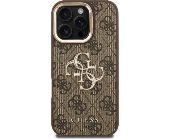 Guess PU 4G Metal Logo Stand Camera Frame Case Защитный чехол для iPhone 16 Pro / коричневый Чехлы - альтернативные