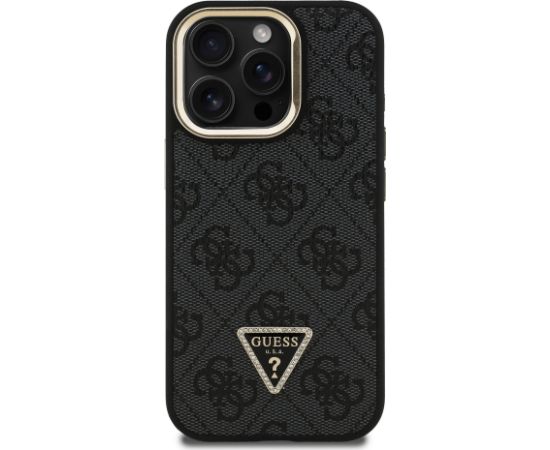 Guess PU 4G Strass Triangle Logo Stand Camera Frame MagSafe Case Aizsargapvalks priekš iPhone 15 Pro Max / melns Neoriģinālie Maciņi