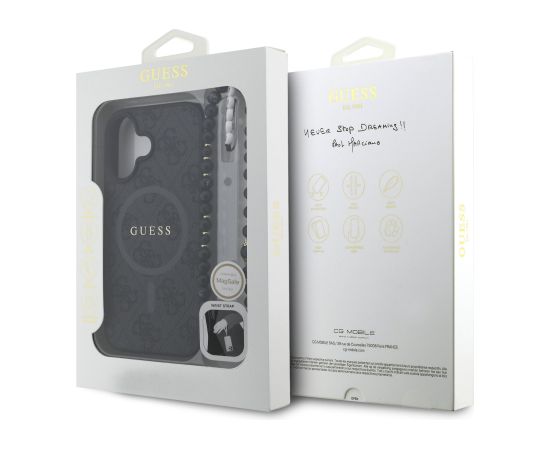 Guess PU Leather 4G Colored Ring Strap MagSafe Case Aizsargapvalks priekš iPhone 16 / melns Neoriģinālie Maciņi