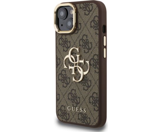 Guess PU 4G Metal Logo Stand Camera Frame Case Защитный чехол для iPhone 15 / коричневый Чехлы - альтернативные