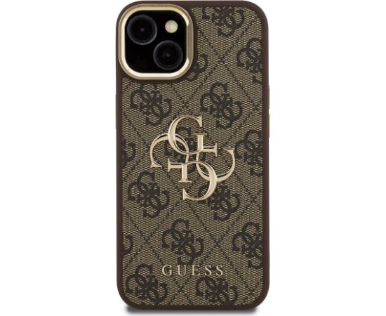 Guess PU 4G Metal Logo Stand Camera Frame Case Защитный чехол для iPhone 15 / коричневый Чехлы - альтернативные