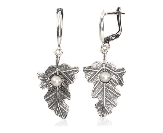 Sudraba auskari ar 'angļu' slēdzēju #2202160(POx-Bk)_PE, Sudrabs 925°, oksids (pārklājums), Pērles, 5.8 gr. Ar "angļu" slēdzēju