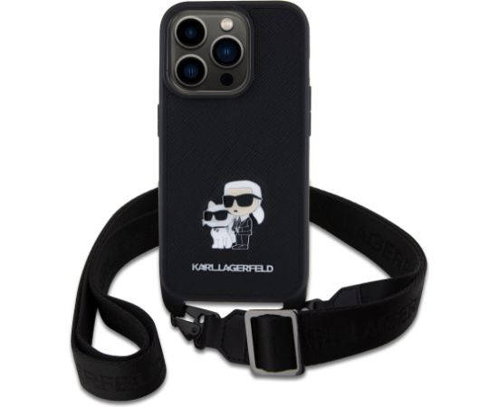 Karl Lagerfeld Saffiano Karl and Choupette Aizsargapvalks priekš iPhone 15 Pro ar metāla plecu siksniņu / melns Neoriģinālie Maciņi